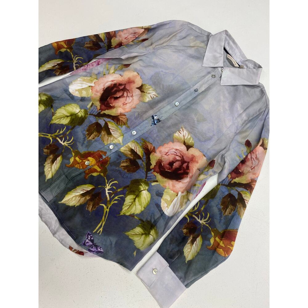 Women Soft Surroundings 100% silk floral graphic button up shirt blouse top M - Picture 2 of 5